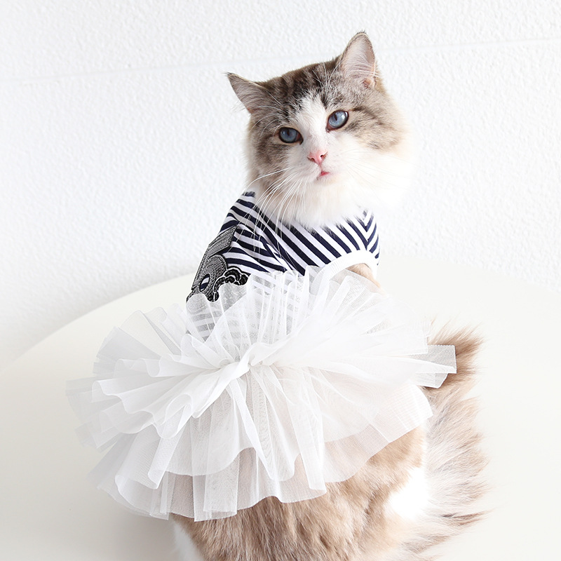 Pet Costume Dress Nautical Striped Top with Tulle Skirt for Dogs And Cats